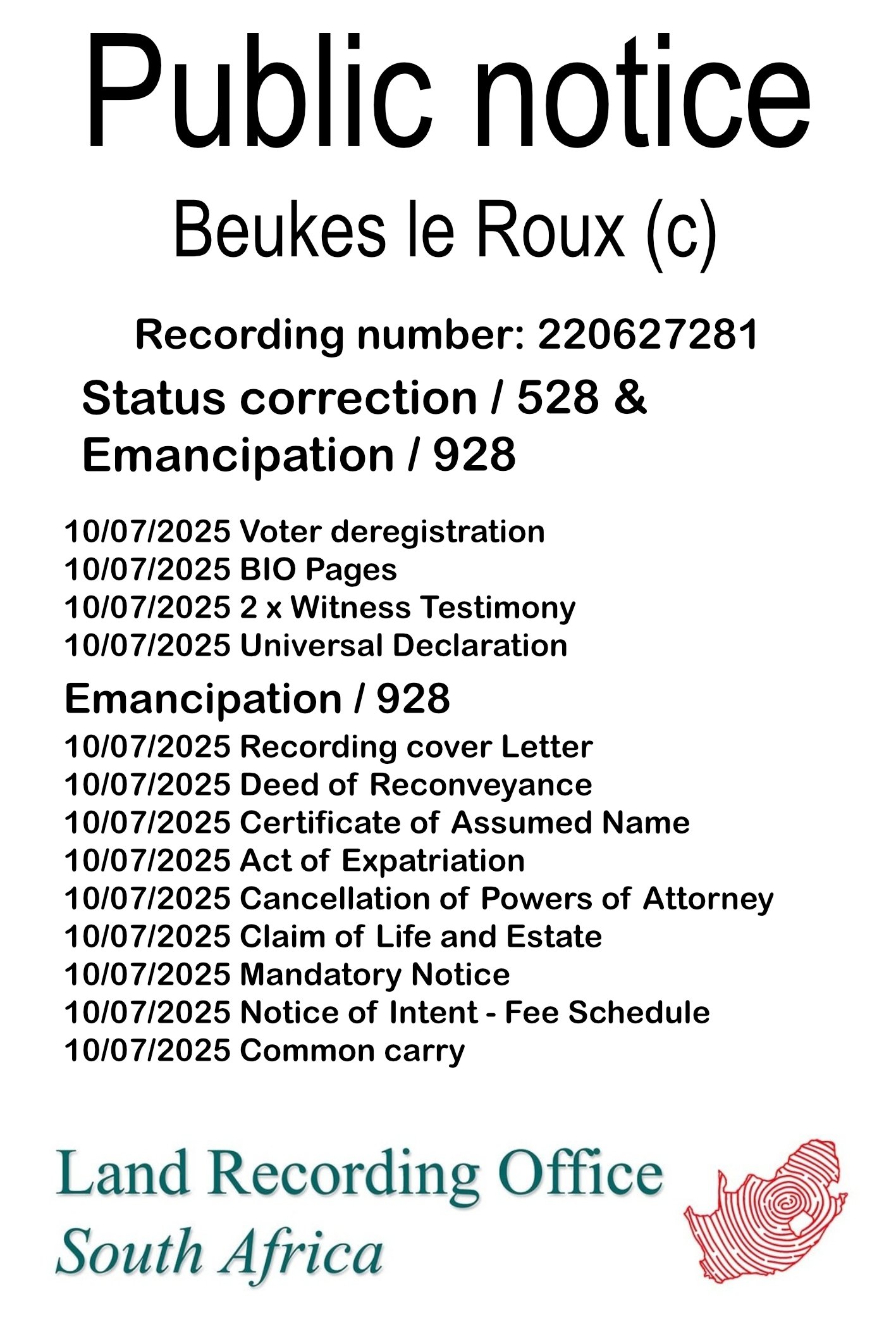Public notice Beukes le Roux (c) Recording number 220627281